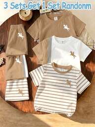 Souflis Souflis 3 Sets, Obtén 1 Set Aleatorio de Color Albaricoque con Contraste de Color Albaricoque Conjunto de Camiseta de Manga Corta con Cuello Redondo y Pantalones Cortos de Estilo Casual Clásico con Estampado de Caballero para Niños