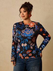 Travachic Autumn New Plus Size Women's Fitted Printed Top, Suitable For Vacation/Casual Wear In Various Relaxing Occasions Fall - Multicolor - View 3