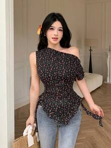 Modelyn 女款黃色碎花不對稱領抓皺百褶極簡性感度假襯衫 - 黑色 - 查看 6