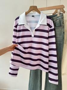 Muvela Women's Collared Long Sleeve Pink And Purple Striped Casual Preppy T-Shirt School Fall - Multicolor - View 6