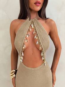 Aloruh Women's Summer New Brown Elegant Sexy Minimalist Beach Vacation Romantic Date Party Outing Hot Girl Y2K Knit Round Metal Halter Shell Tassel Patchwork Hollow Out Mini Dress - Beige - View 3