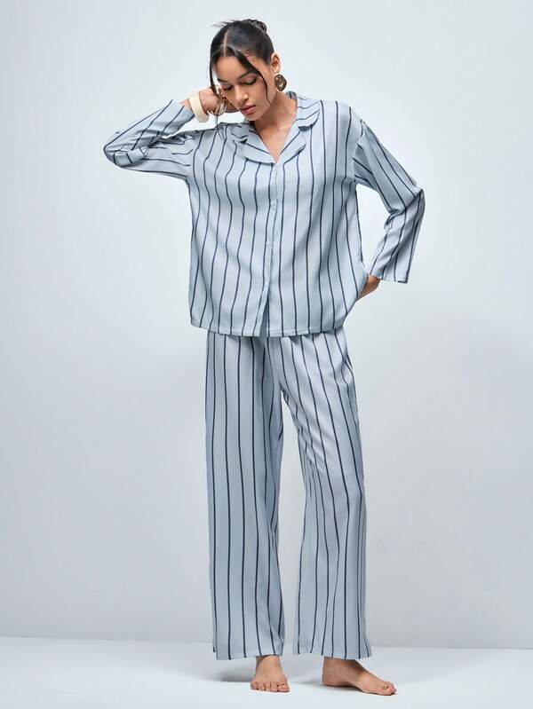 Softvol 2pcs Women Loose Comfortable Breathable Striped Long Sleeve Pajama Set