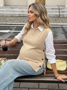 SHEIN Maternity Casual 1960s Decent Comfortable Versatile Textured Button Round Neck Knit Vest Autumn Outfit For Women Formal Office Work Black - Khaki - View 1
