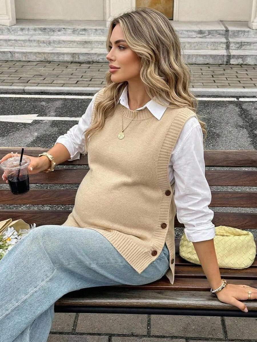 SHEIN Maternity Casual 1960s Decent Comfortable Versatile Textured Button Round Neck Knit Vest Autumn Outfit For Women Formal Office Work Black - Khaki - View 1