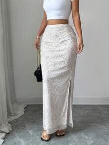 SHEIN Raffinéa Women's Lace Print Side Slit Skirt - White - View 4