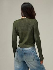 SHEIN PETITE Women's Solid Color Minimalist Casual Long Sleeve Cardigan Cute Sweater Short Knit Top Autumn/Winter Clothing Army Green Dress Travel Going Out - Army Green - View 2