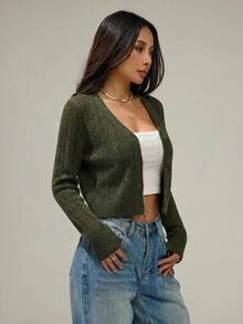 SHEIN PETITE Women's Solid Color Minimalist Casual Long Sleeve Cardigan Cute Sweater Short Knit Top Autumn/Winter Clothing Army Green Dress Travel Going Out - Army Green - View 8