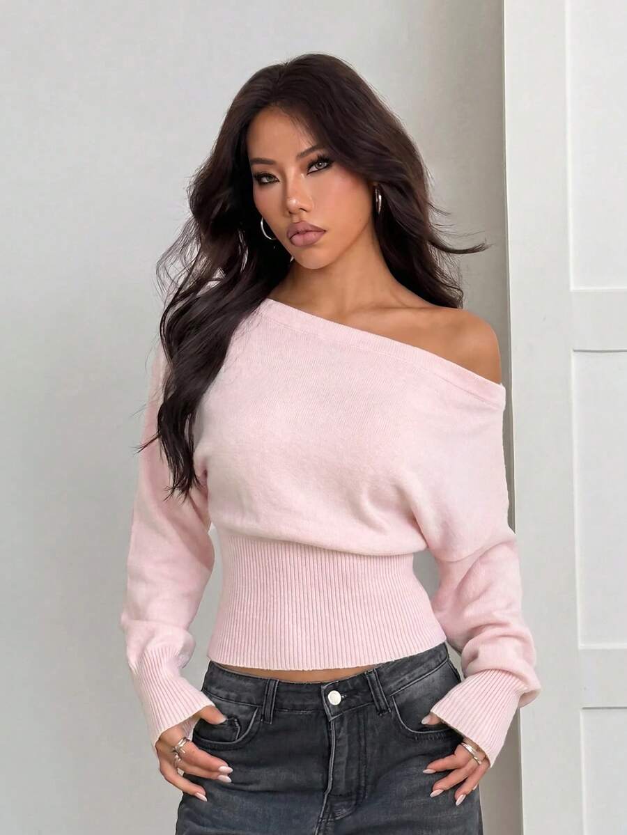 SHEIN PETITE 3D花朵不對稱單肩米色秋冬浪漫寬鬆針織毛衣 - 粉色 - 查看 1