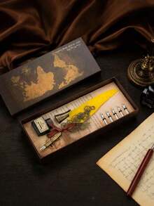 1pc Jubaboz Calligraphy Brush With A Stand And Replaceable Nibs, Feather Pen, Ink, Vintage Dip Pen With Mechanical Gears, Suitable For Office Use - multicolor - View 2