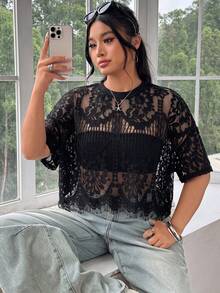 SHEIN EZwear 大尺碼女款蕾絲性感百搭上衣，適合約會與外出 - 黑色 - 查看 3