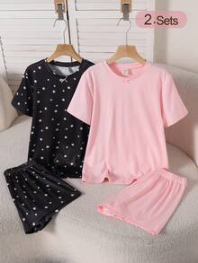 4pcs Women's Round Neck Bow & Star Print Short Sleeve Shorts Casual Knit Pajamas Homewear Set - Multicolor - View 1