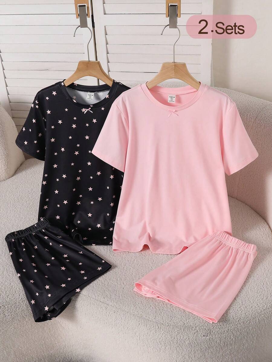 4pcs Women's Round Neck Bow & Star Print Short Sleeve Shorts Casual Knit Pajamas Homewear Set - Multicolor - View 1