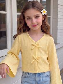 Elladie kids Girls' Solid Color Loose Bowknot Flared Sleeve Button-Up Shirt, Blouse For Vacation, Back To School, Outings, Long Sleeve Yellow Top, Autumn Fairy - Yellow - View 5