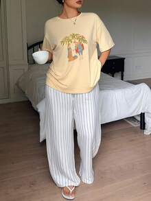 Dazy Plus Summer Pattern Print T-Shirt Top & Striped Pajama Pants Set, Plus Size Women's Spring/Summer Yellow Pajama Set - Yellow - View 8