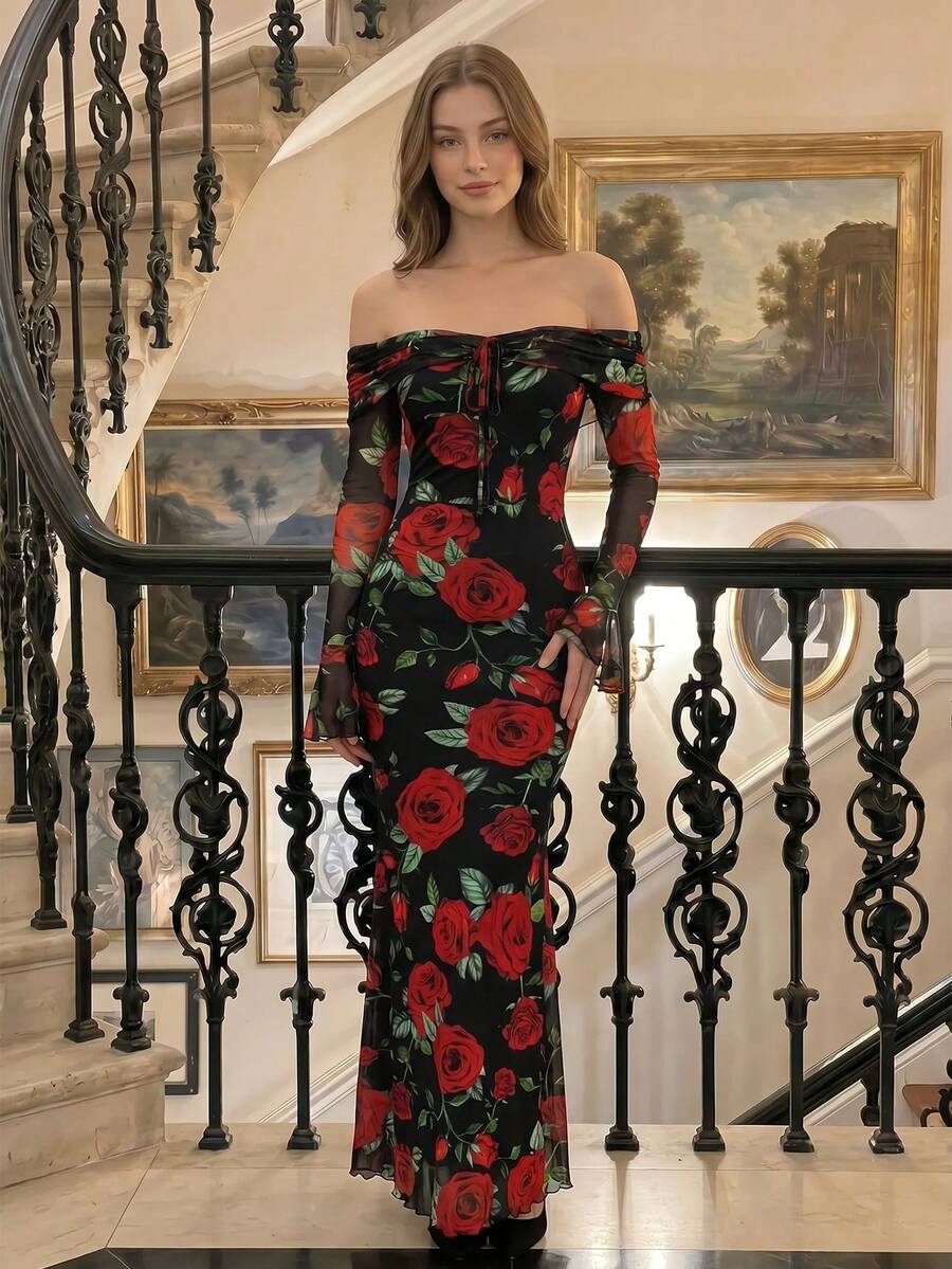 SHEIN MOD 露肩复古黑色连衣裙，饰以玫瑰花卉印花和鱼尾裙摆——节日盛装、公主风、正式礼服、派对礼服；完美适用于度假、约会、野餐、派对、舞会、节日和生日；浪漫复古宫廷风
