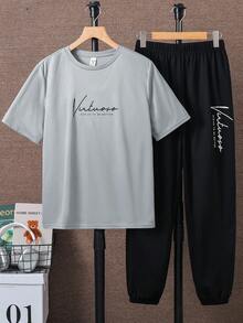 SHEIN 2件組青少年休閒字母印花圓領套頭衫，適合夏季、運動、跑步、戶外活動 - 彩色 - 查看 2
