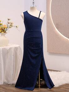 Tween Girls Elegant Back To School Casual Solid Color Asymmetrical Neck One-Shoulder Slim Fit Top - Navy Blue - View 6