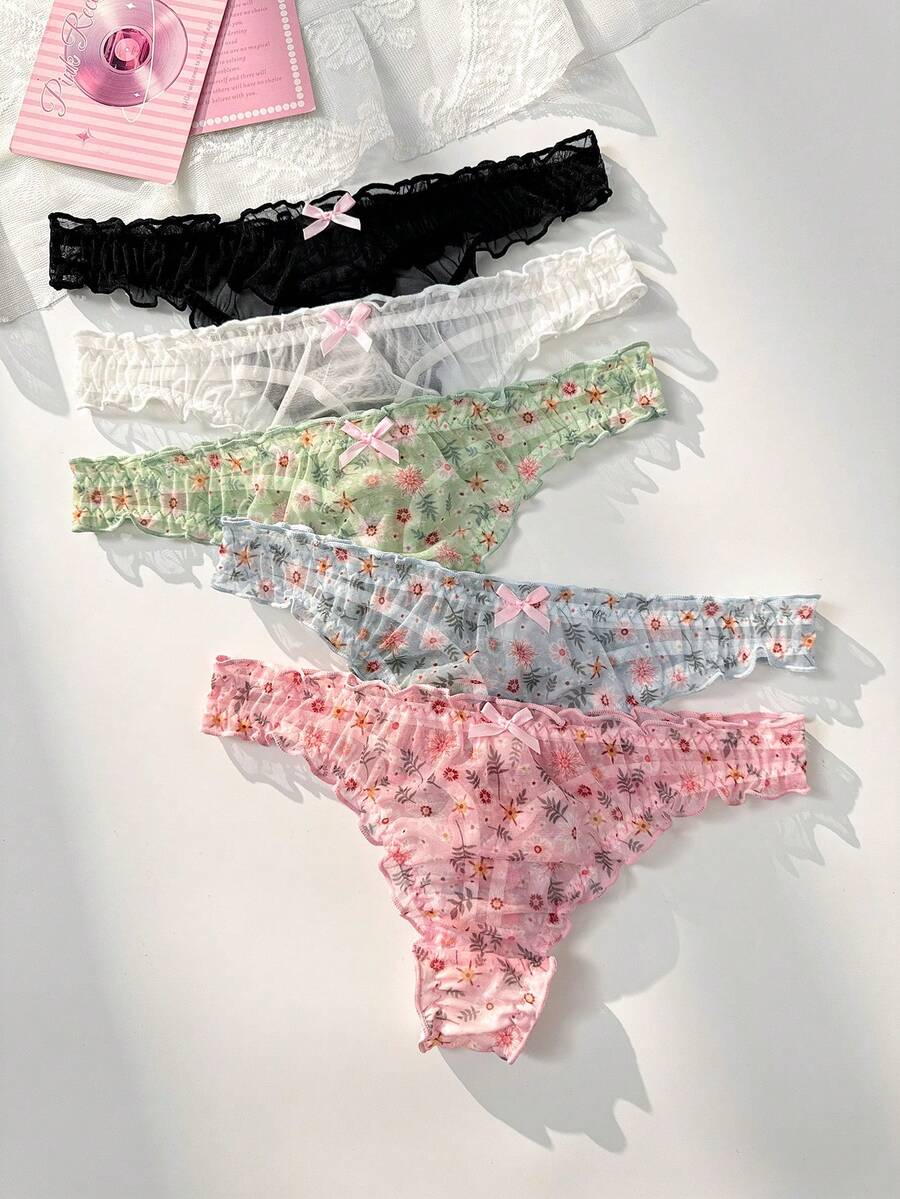 PetitDoll 女款 5件組 花卉蝴蝶結裝飾荷葉邊丁字褲 - 彩色 - 查看 1