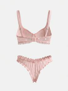 lacRébo Pink Floral Embroidered Mesh Lingerie Set With Underwired Bra And Matching Ruffled Thong Romantic Cute - Pink - View 8