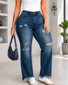 Curvy Jeans Wide Ripped Ripped Worn Skynni Comfortable Versatile Stretch Fresh Light Quality - Azul obscuro - View 3