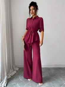 Elenzga Women's Autumn Casual Cotton Solid Color Cinched Waist Top Long Pants 2 Pieces Set Home Commute Vacation Office Brunch Bright Magenta - Burgundy - View 6