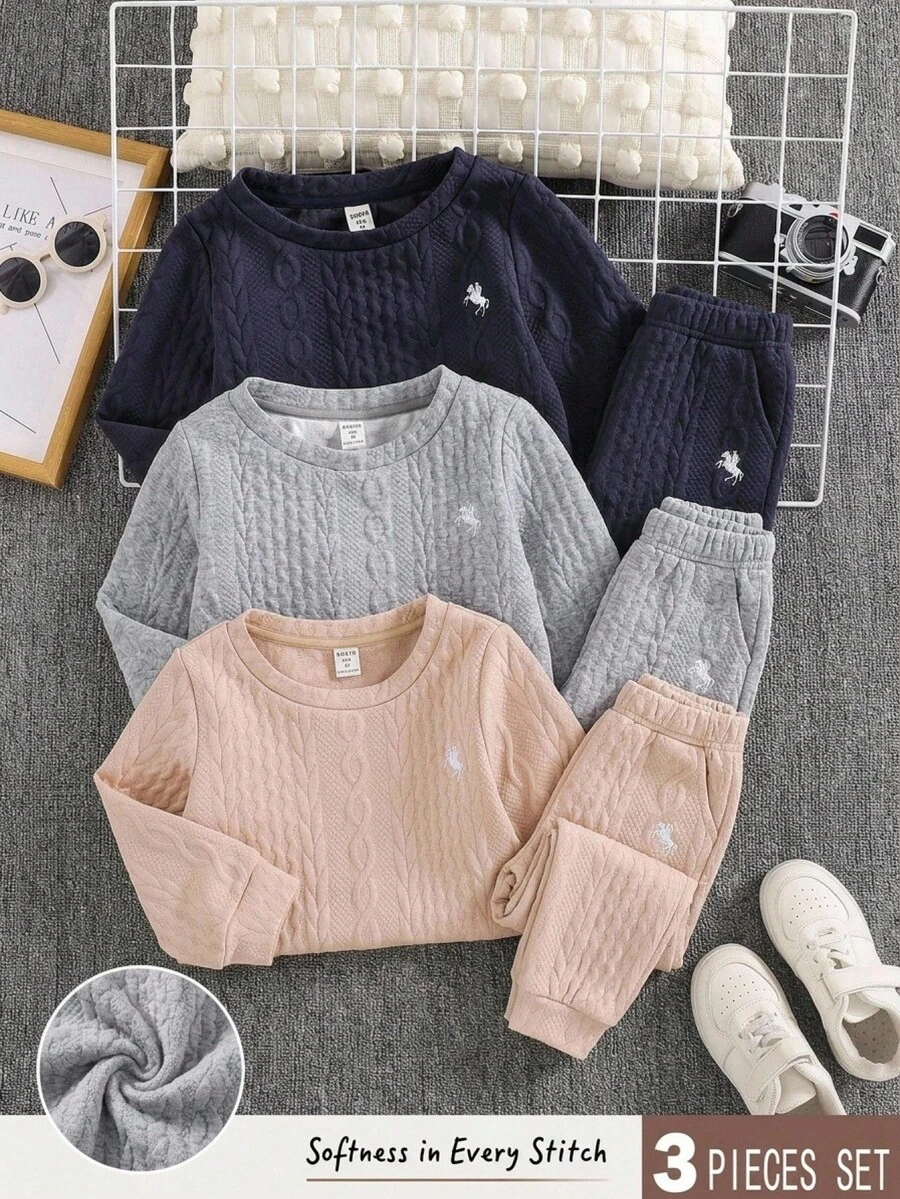 SHEIN 男嬰刺繡馬標誌圓領長袖套頭針織紋理布料運動衫3件套,百搭舒適,適合秋冬穿著 - 彩色 - 查看 1
