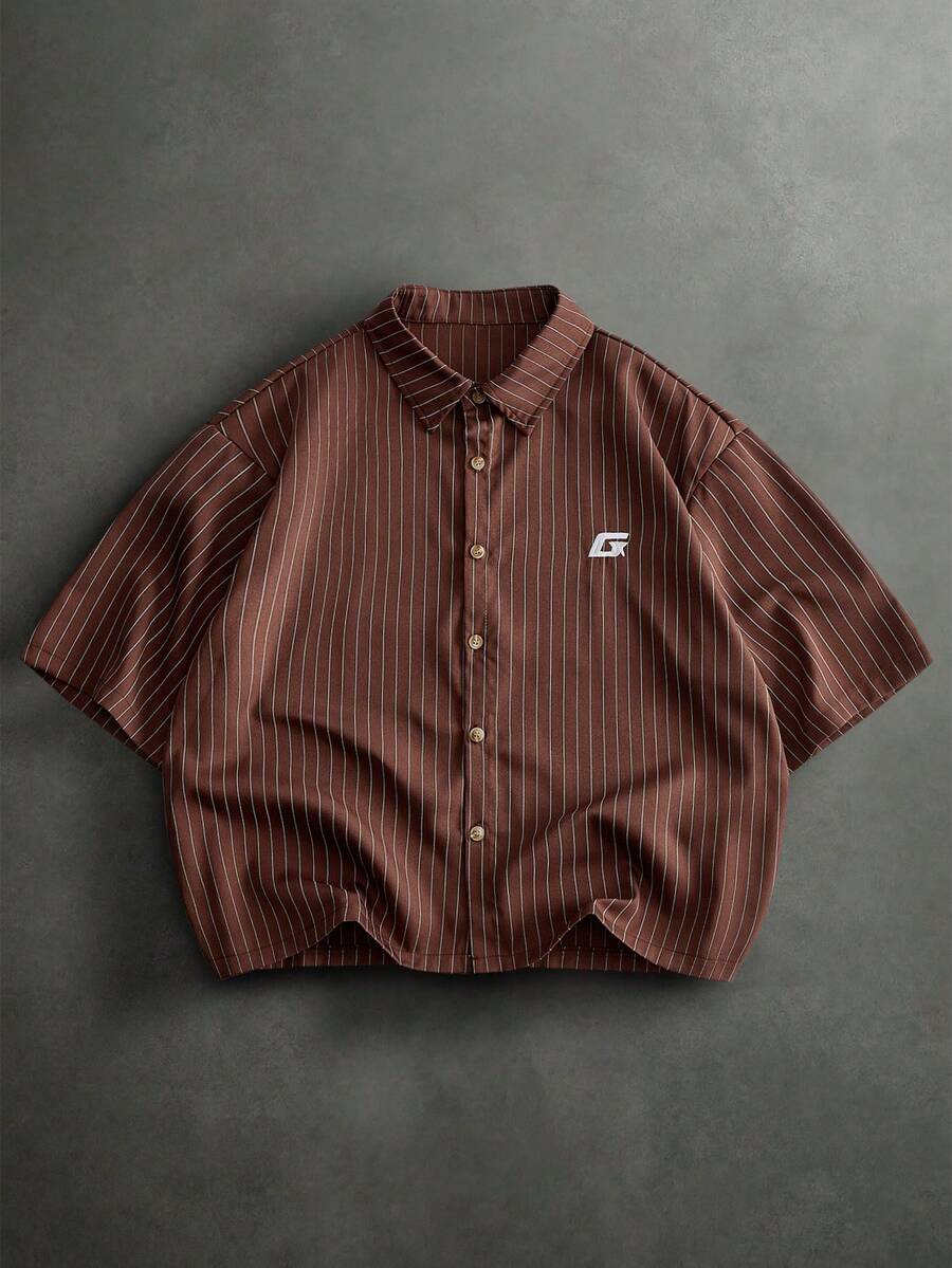Manfinity VCAY Kemeja Pria Bergaris Kancing Tunggal Kasual Serbaguna untuk Pemakaian Sehari-hari - Coffee Brown - View 1