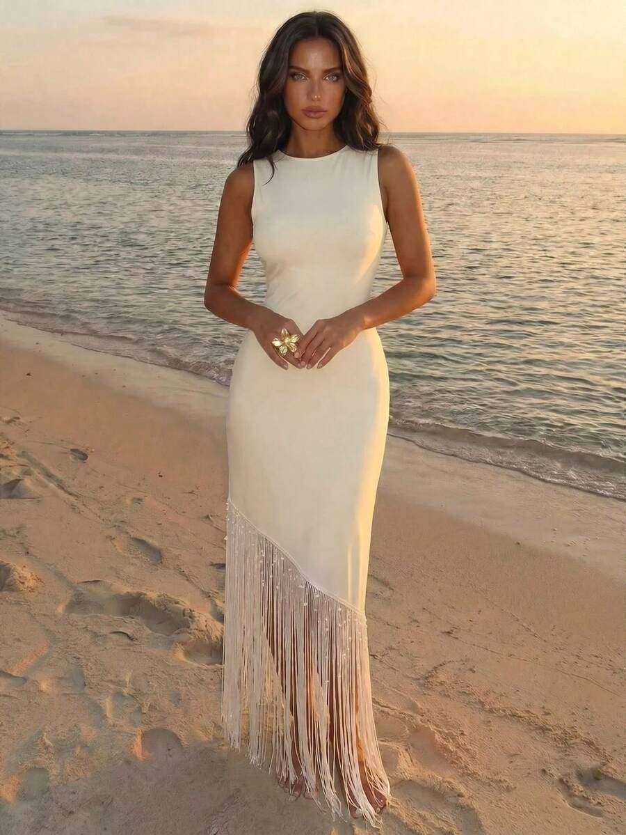 Aloruh 女款素色圓領無袖流蘇下擺洋裝
