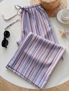 SHEIN EZwear 女款休閒繫腰直筒長褲，適合夏季 - 彩色 - 查看 4