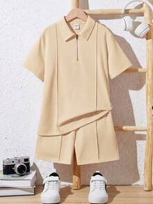 SHEIN 青少年男孩寬鬆休閒翻領針織純色短袖 Polo 衫套裝 春/夏 - 杏色 - 查看 3