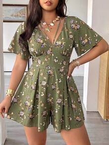 Vionelle Plus Size Floral Print Casual Versatile Romper For Spring And Summer - Olive Green - View 3