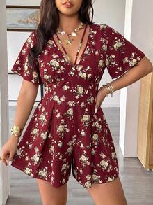 Vionelle Plus Size Floral Print Casual Versatile Romper, Spring/Summer - Burgundy - View 4