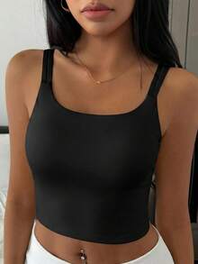 DAZY 純色無縫加墊雙肩帶運動內衣，極簡風女款運動內衣 - 黑色 - 查看 5
