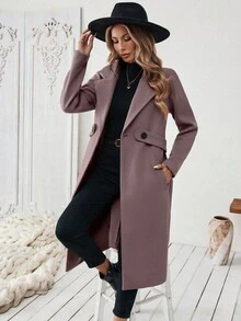 SHEIN 女款純色缺口領時尚百搭日常穿著羊毛大衣 - 紫色 - 查看 4