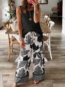 Weeklong Women's Plus Size Spring/Summer Botanical Print Button Decor Casual Vacation 2-Piece Set Vacation Emerald Green White Vacation Tropical - Multicolor - View 6