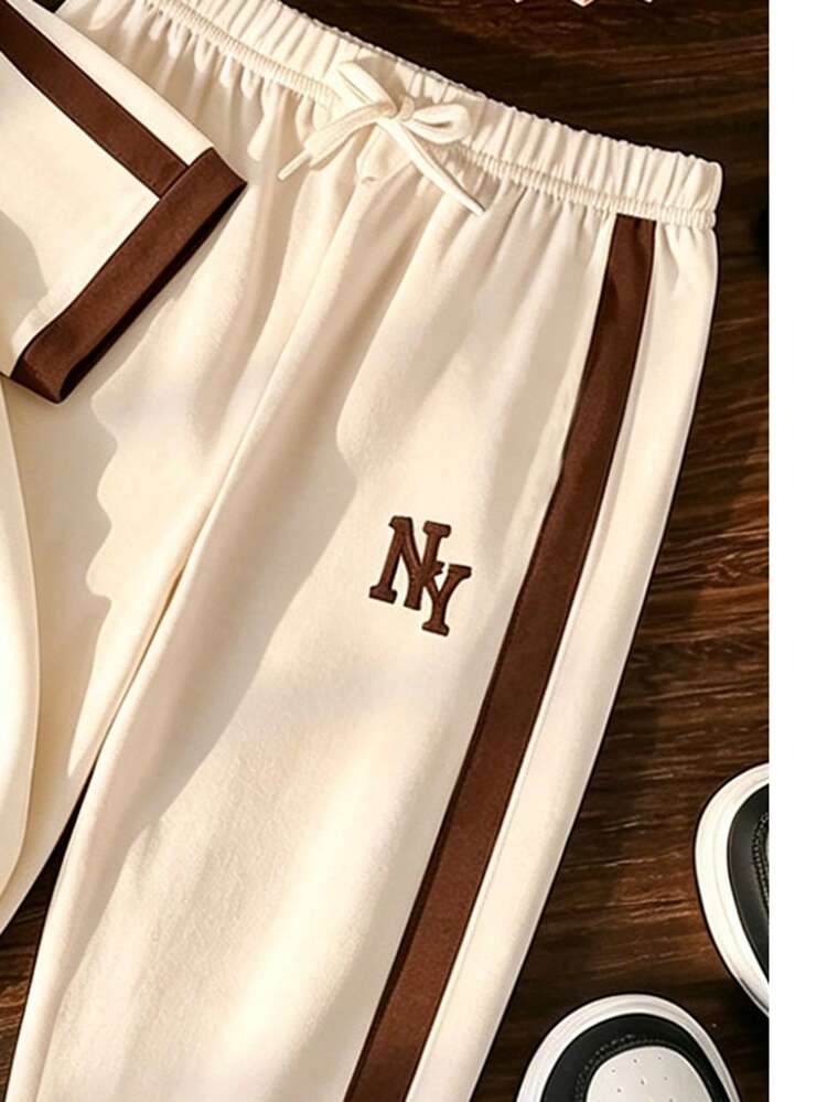 2pcs Young Boy English Slogan Print Fashion Crew Neck Short Sleeve T-Shirt And Sports Long Pants Set, Suitable For Holiday Parties, Spring/Summer Casual Comfortable, Summer Essential Wear, Fashion Casual Outfit, Spring/Summer Streetwear, Outdoor Leisure Wear, Back To School Party, Suitable For Outdoor Picnic - Multicolor - View 3