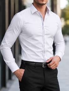 Manfinity Mode Camisa de manga larga con diseño de rayas y patchwork de colores claros, estilo casual de negocios para hombres, para ceremonias - Blanco - Ver 4