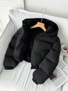 SHEIN 青少年女孩冬季新款黑色保暖內裡連帽短版羽絨外套 - 黑色 - 查看 6