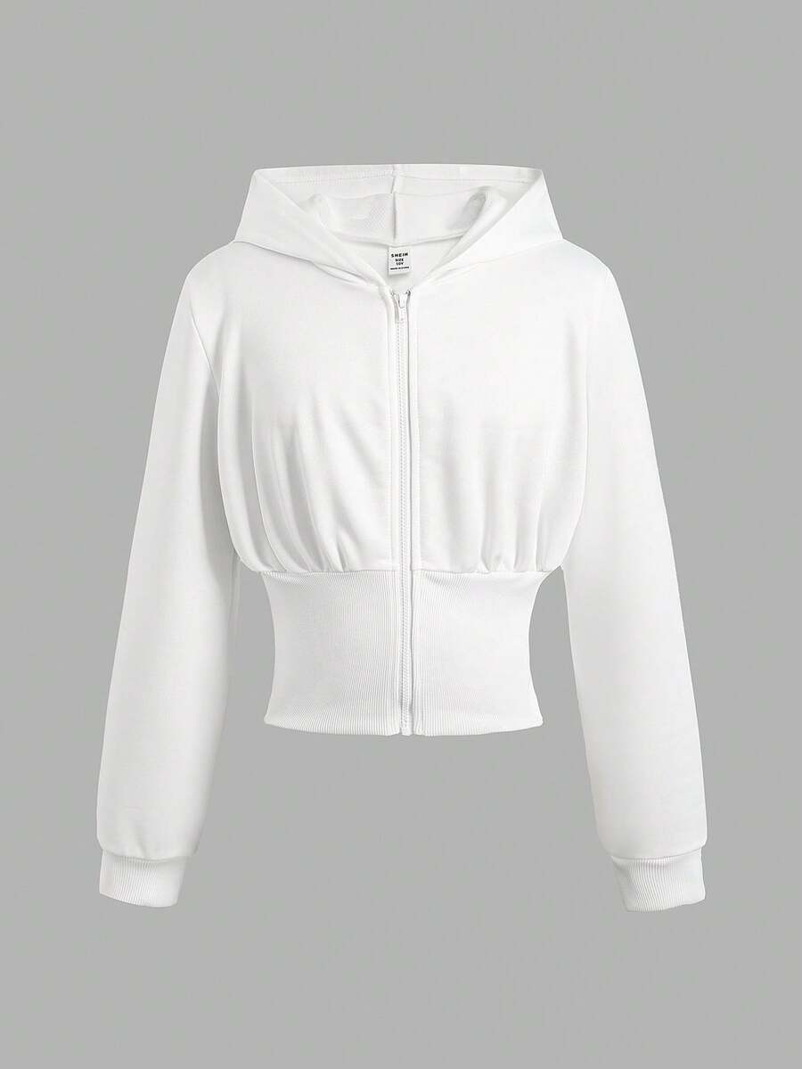 SHEIN 少女短款連帽開襟衛衣外套,白色保暖內裡,秋冬新款 - 白色 - 查看 1