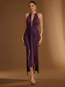 Hauture Gold Metal Halter Neck Ruched Mermaid Hem Open Back Dress With Sash - Bold Plum - View 3