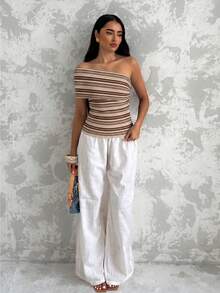 Glamine Women's Summer Vacation Asymmetric One Shoulder Diagonal Neckline Ruched Fitted Striped Sleeveless Top - Coffee Brown - View 5