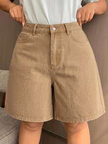 Dazy Plus Dark Wash Blue Back Pocket Bow Embroidery Straight Leg Knee-Length Denim Shorts Spring/Summer - Khaki - View 4