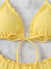 SHEIN Swim 女款夏季波點印花性感細肩帶蝴蝶結比基尼兩件式泳衣海灘度假套裝 - 黃色 - 查看 7