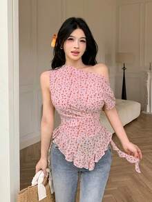 Modelyn 女款黃色碎花不對稱單肩荷葉邊百褶性感極簡度假上衣 - 粉色 - 查看 7