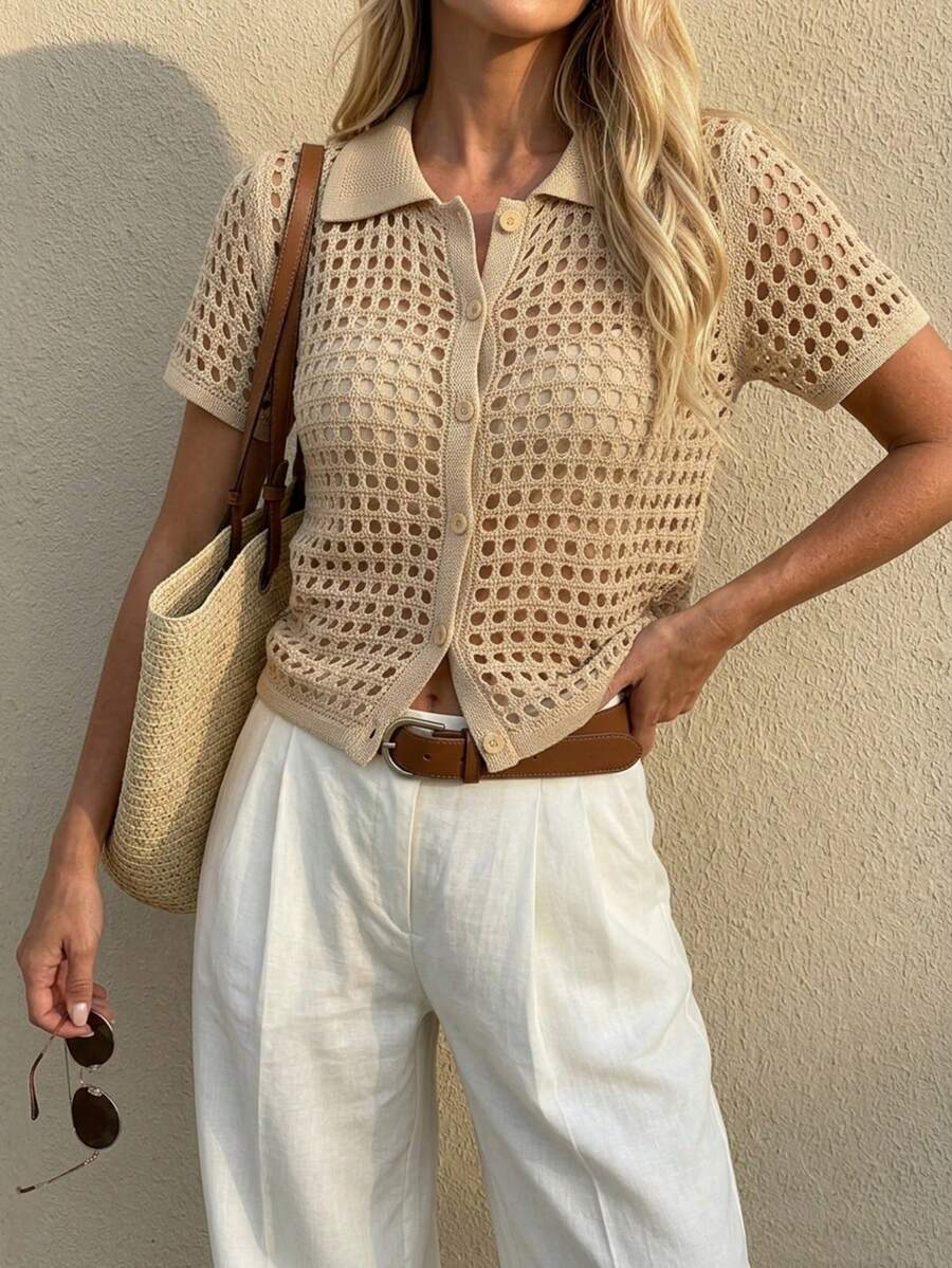 Cévolie Short Sleeve Hollow Out Button-Up Knit Cardigan, Fashionable Versatile Youthful Top - Apricot - View 1