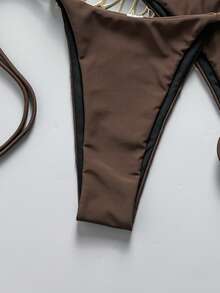 SHEIN Swim 2026 Spring/Summer Chocolate Brown 3 Pieces Halter Bikini Set Beach Club Sexy - Brown - View 4