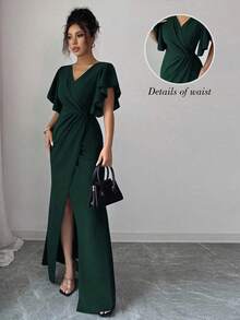Elenzga Đầm nữ thanh lịch lãng mạn cổ chữ V tay bèo nhún eo ôm sát viền đuôi cá - xanh quân đội - Xem 5