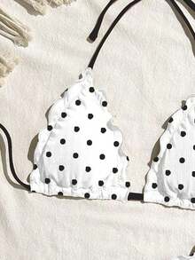 Swim Mod Conjunto de bikini sexy de unicolor con volantes y alta elasticidad para mujer, ideal para vacaciones - Blanco - Ver 3