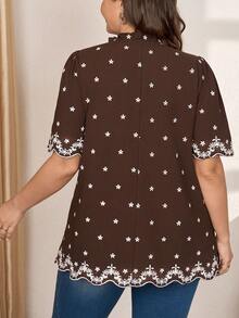 Comfylo Plus Size Floral Embroidered Casual Summer Shirt - Brown - View 2