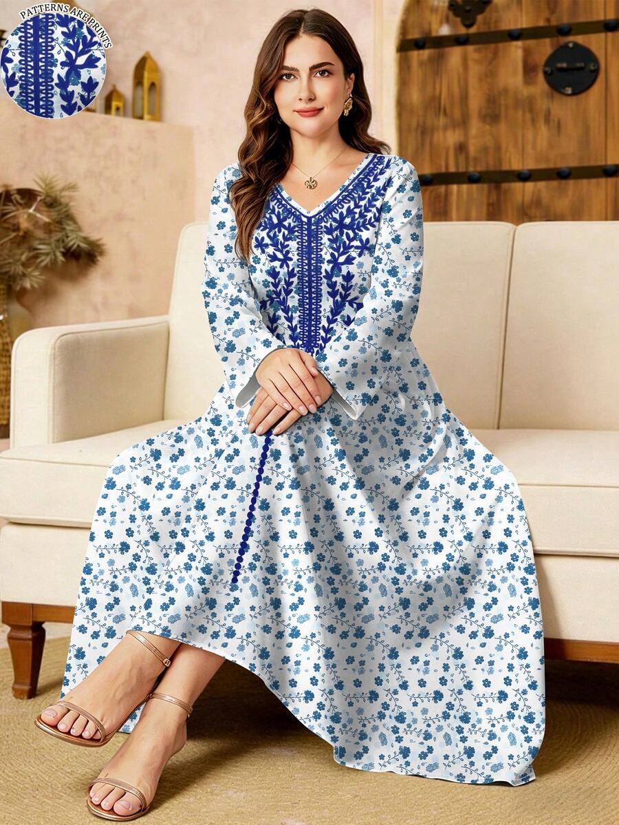 SHEIN Najma 藍色花卉葉片領印花白色底大尺碼洋裝,女款時尚V領長袖洋裝,優雅阿拉伯風情套裝,春夏優雅長版大洋裝 - 彩色 - 查看 1